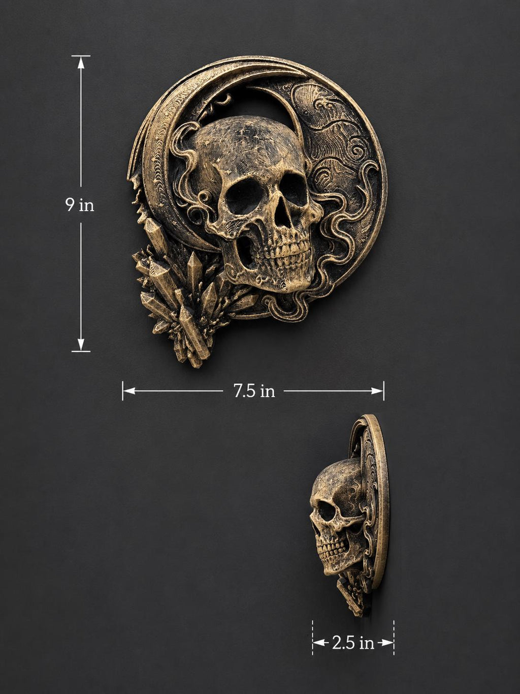 Dimension photo of the skull sculpture: 9 in. tall, 7.5 in. wide, 2.5 in. deep