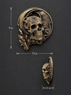 Dimension photo of the skull sculpture: 9 in. tall, 7.5 in. wide, 2.5 in. deep