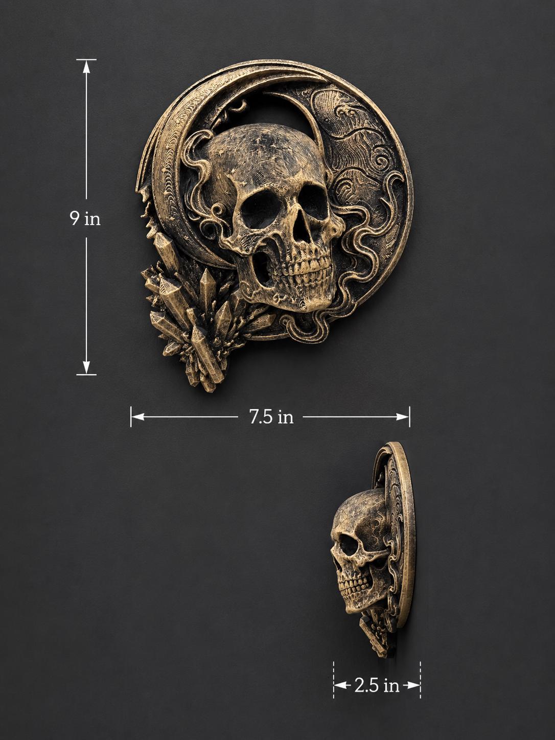 Dimension photo of the skull sculpture: 9 in. tall, 7.5 in. wide, 2.5 in. deep