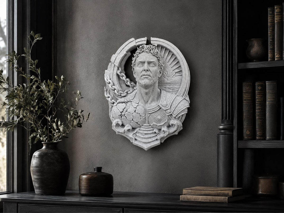 Prometheus sculpture on a dark wall above a shelf with a vase and books