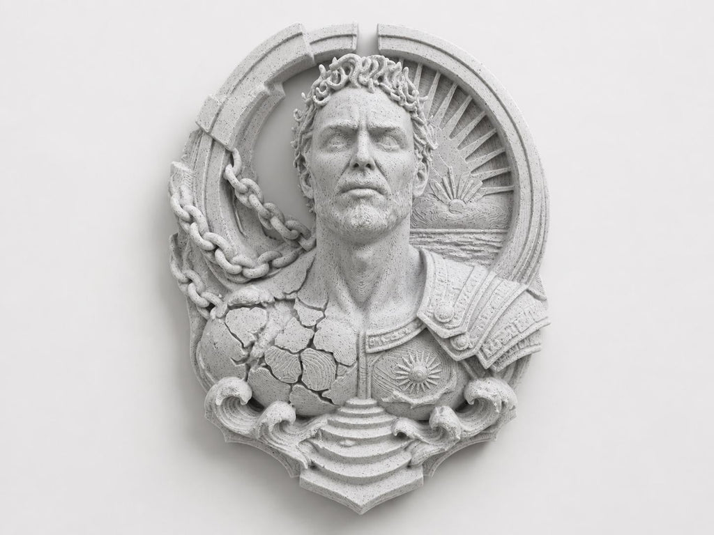 Front view of speckled white Prometheus wall sculpture with chains and fractured chest