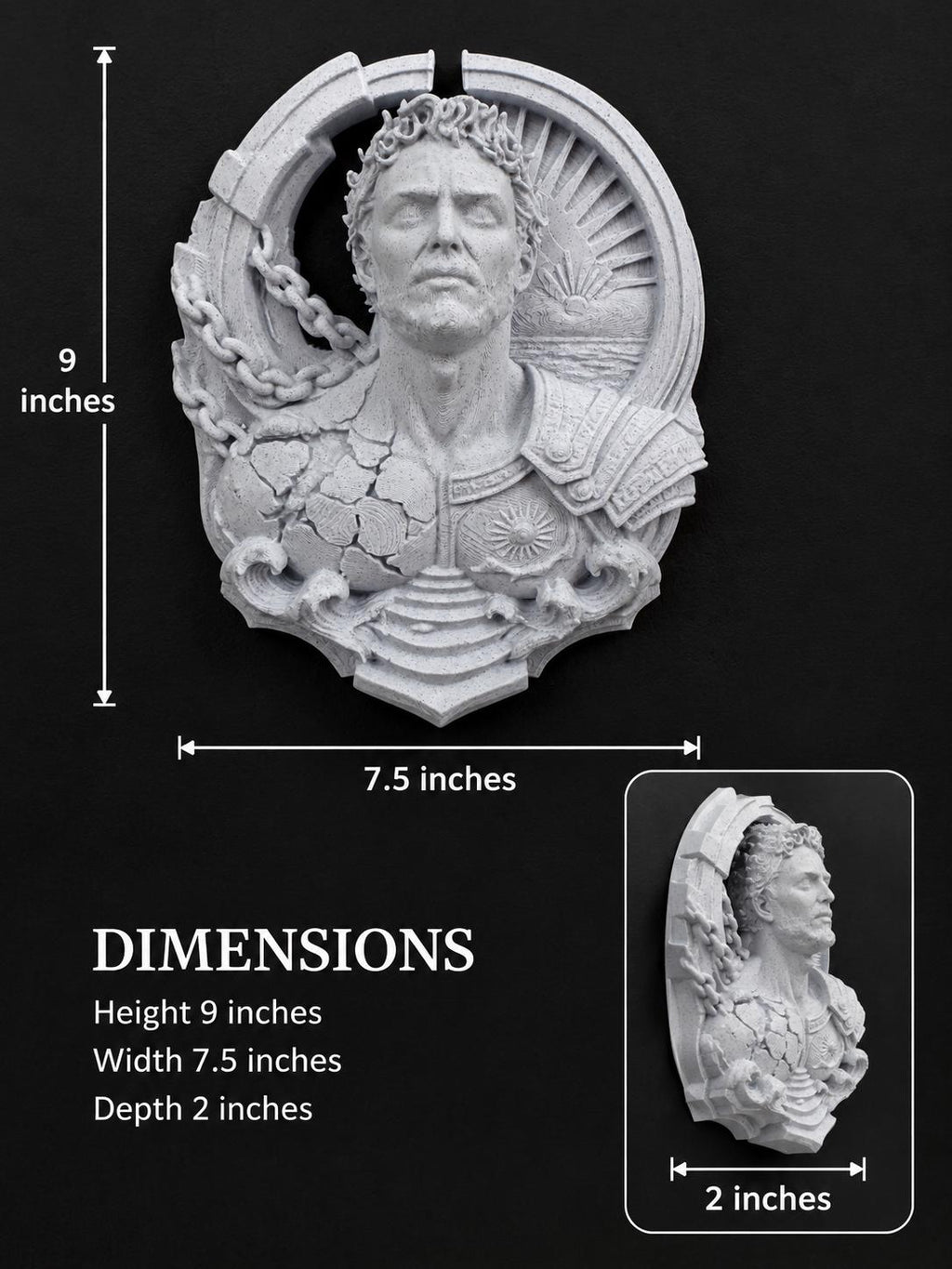 Dimension graphic of the Prometheus sculpture: 9 in. tall, 7.5 in. wide, 2 in. deep