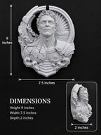 Dimension graphic of the Prometheus sculpture: 9 in. tall, 7.5 in. wide, 2 in. deep
