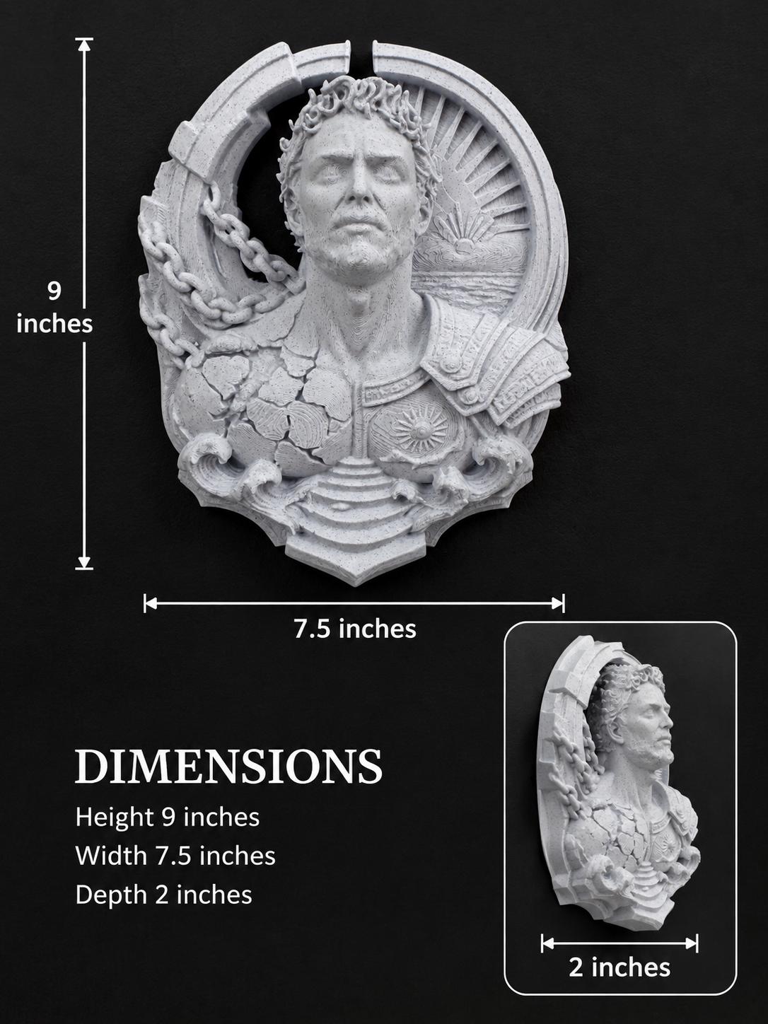 Dimension graphic of the Prometheus sculpture: 9 in. tall, 7.5 in. wide, 2 in. deep