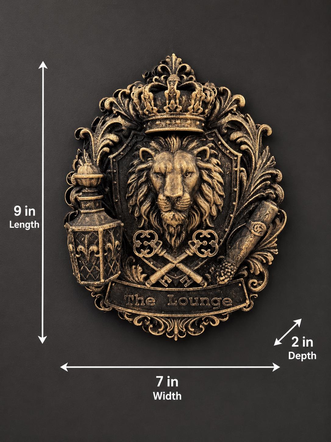 Dimension photo of the lion crest: 9 in. long, 7 in. wide, 2 in. deep