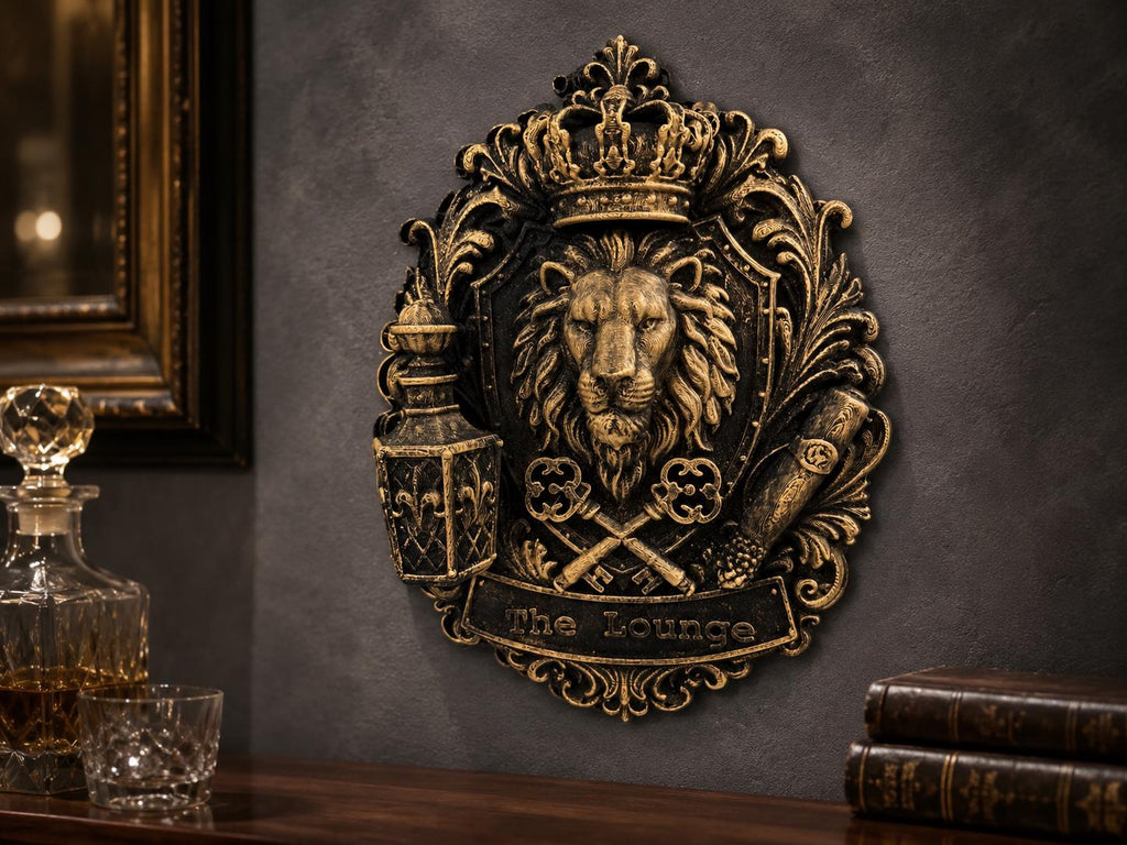 The Lounge lion crest plaque on a dark wall beside a whiskey decanter