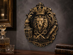 The Lounge lion crest plaque on a dark wall beside a whiskey decanter