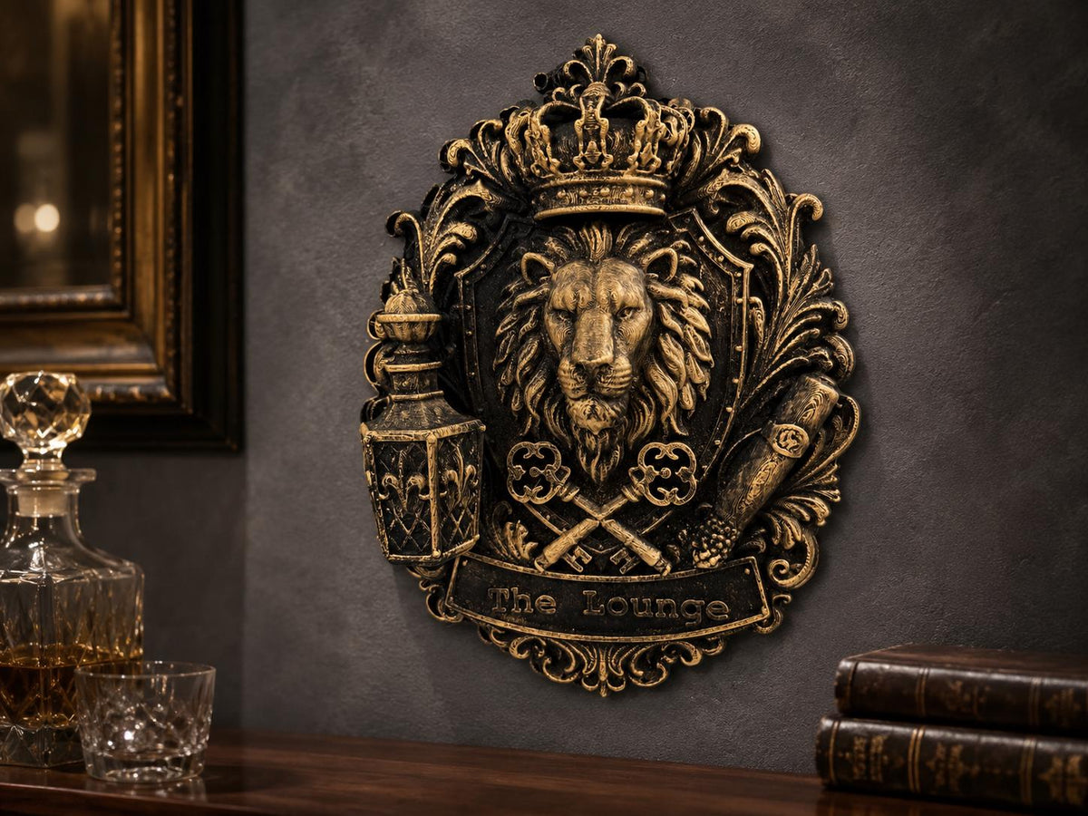 The Lounge lion crest plaque on a dark wall beside a whiskey decanter