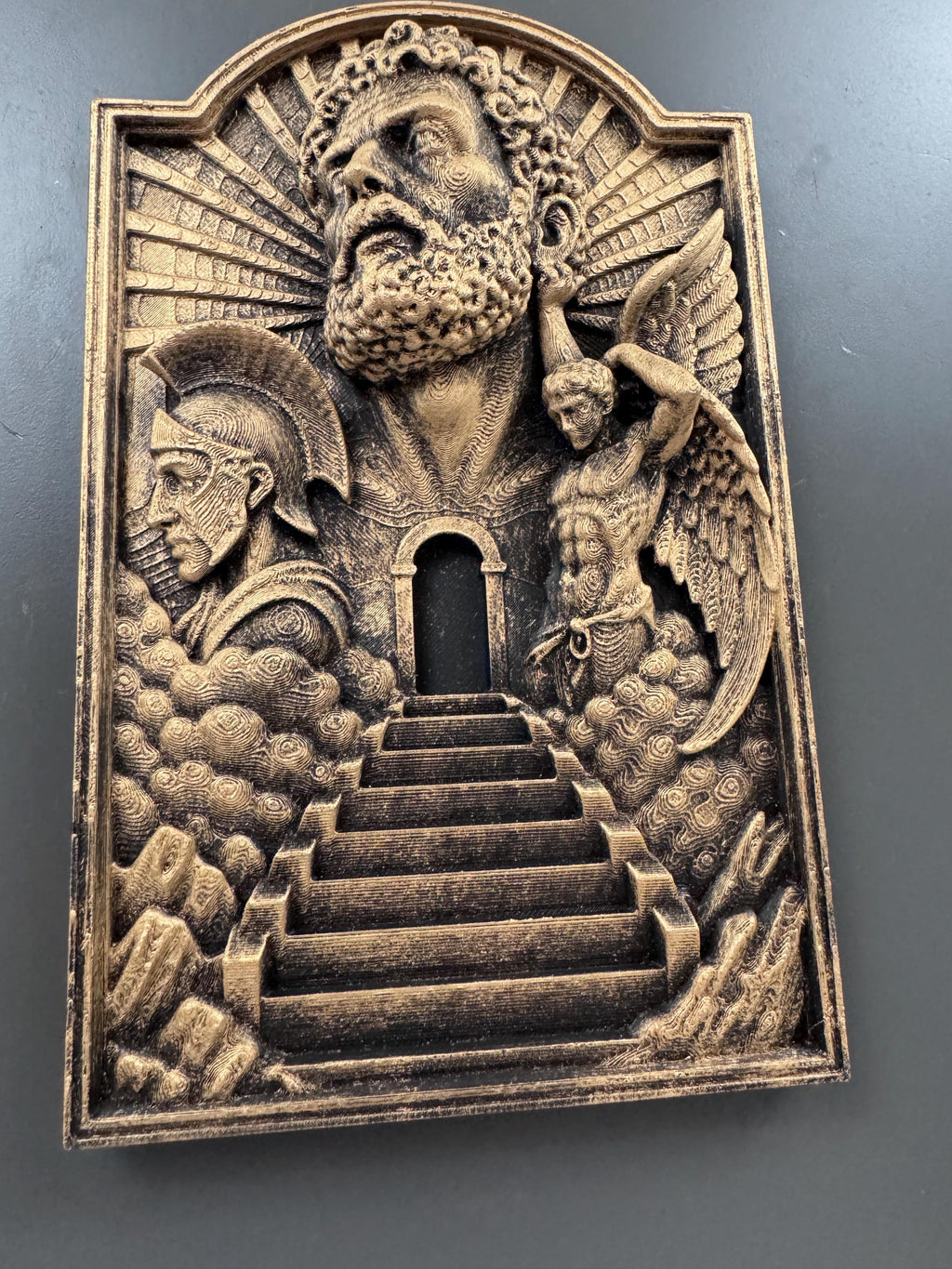 Slight angle of the Gates of Heaven plaque stairway