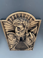 Low angle of the Gates of Heaven plaque showing the arched top