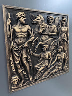 Left angle of the Greek gods panel showing Zeus and the Gorgon head
