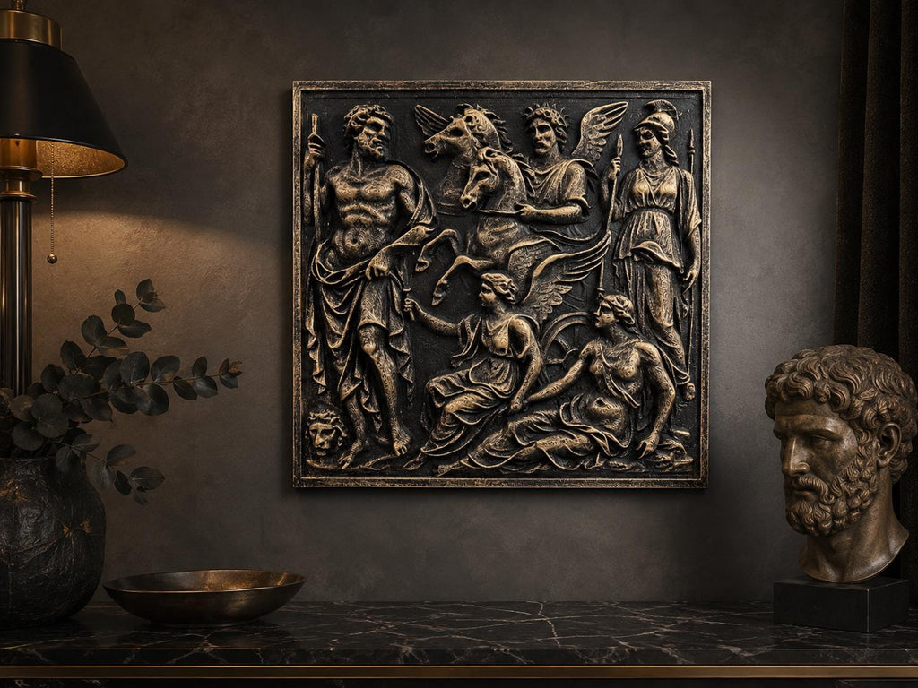 Greek gods panel on a dark wall above a console with a classical bust