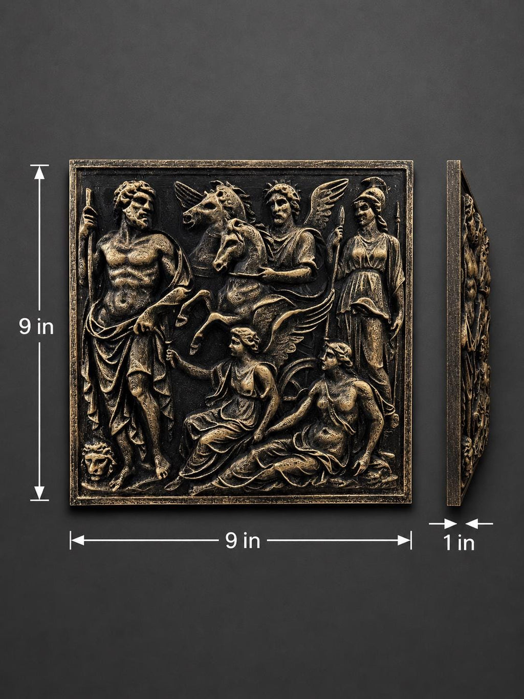 Dimension photo of the Greek gods panel: 9 in. by 9 in., 1 in. deep