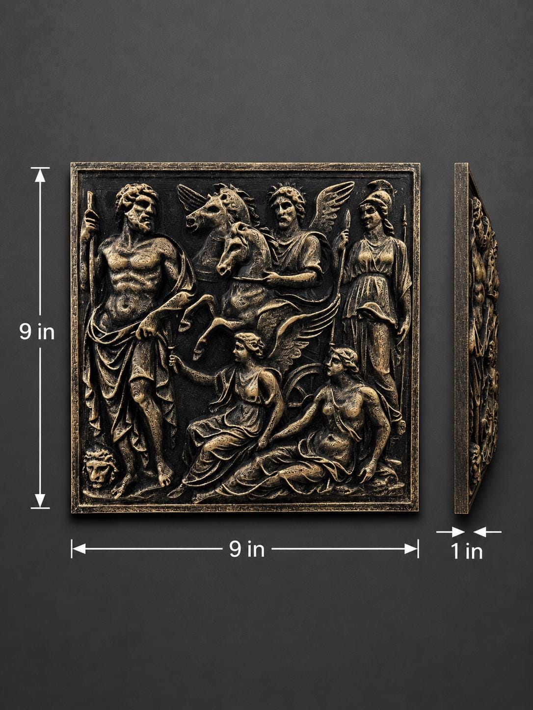 Dimension photo of the Greek gods panel: 9 in. by 9 in., 1 in. deep