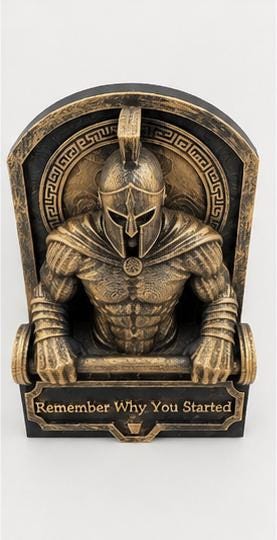 High angle of the Spartan sculpture looking down at the helmet
