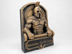 Angled view of the Spartan sculpture showing the barbell breaking past the frame
