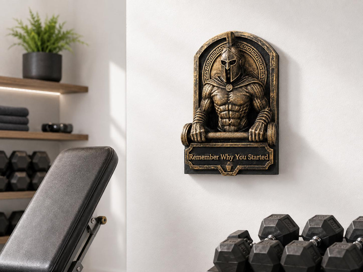 Spartan sculpture on a home gym wall beside a bench and dumbbells