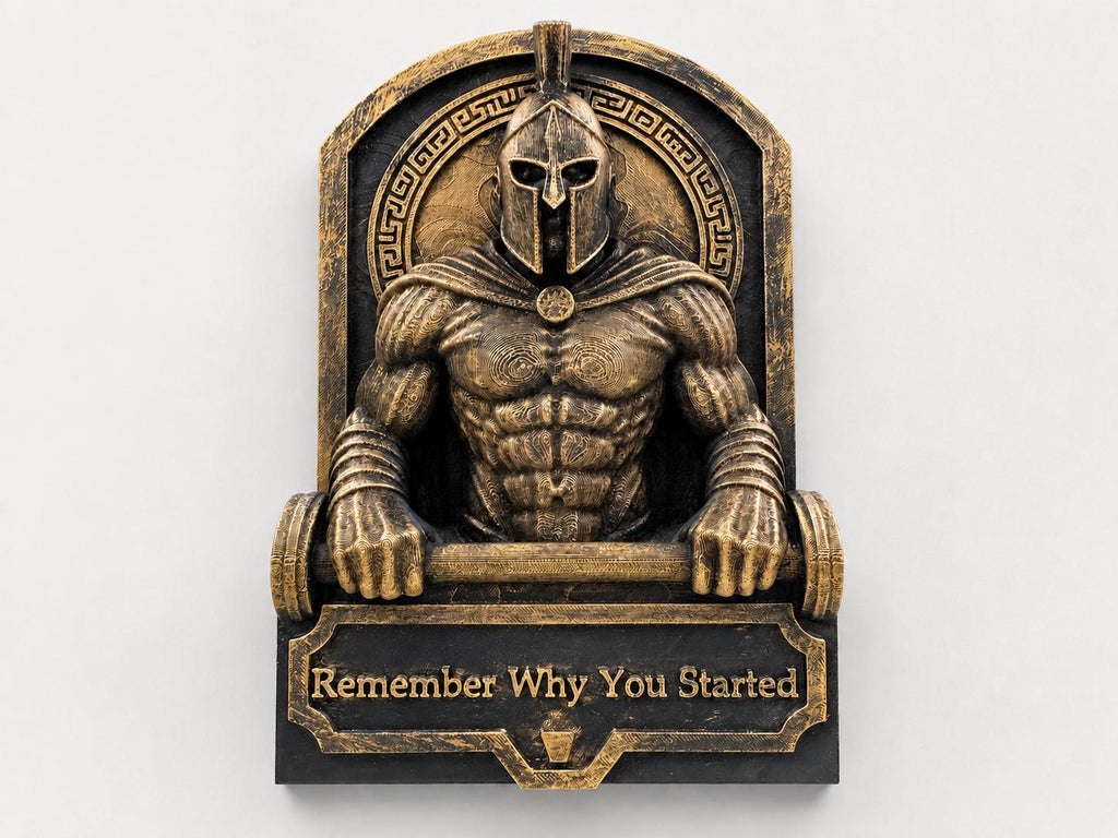 Front view of antique gold Spartan gym sculpture gripping a barbell above Remember Why You Started