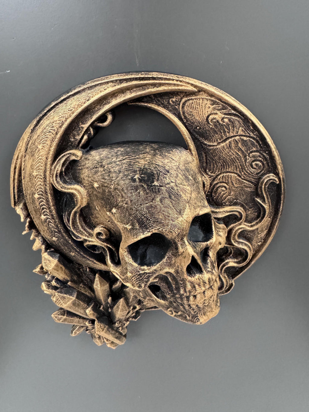 Top-down view of the skull sculpture showing cranium depth