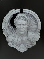 Close front view of Prometheus's stern face and laurel crown