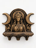 Front view of antique gold Hecate altar shelf with crowned goddess between crescent moons