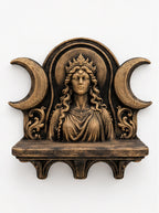 Front view of antique gold Hecate altar shelf with crowned goddess between crescent moons