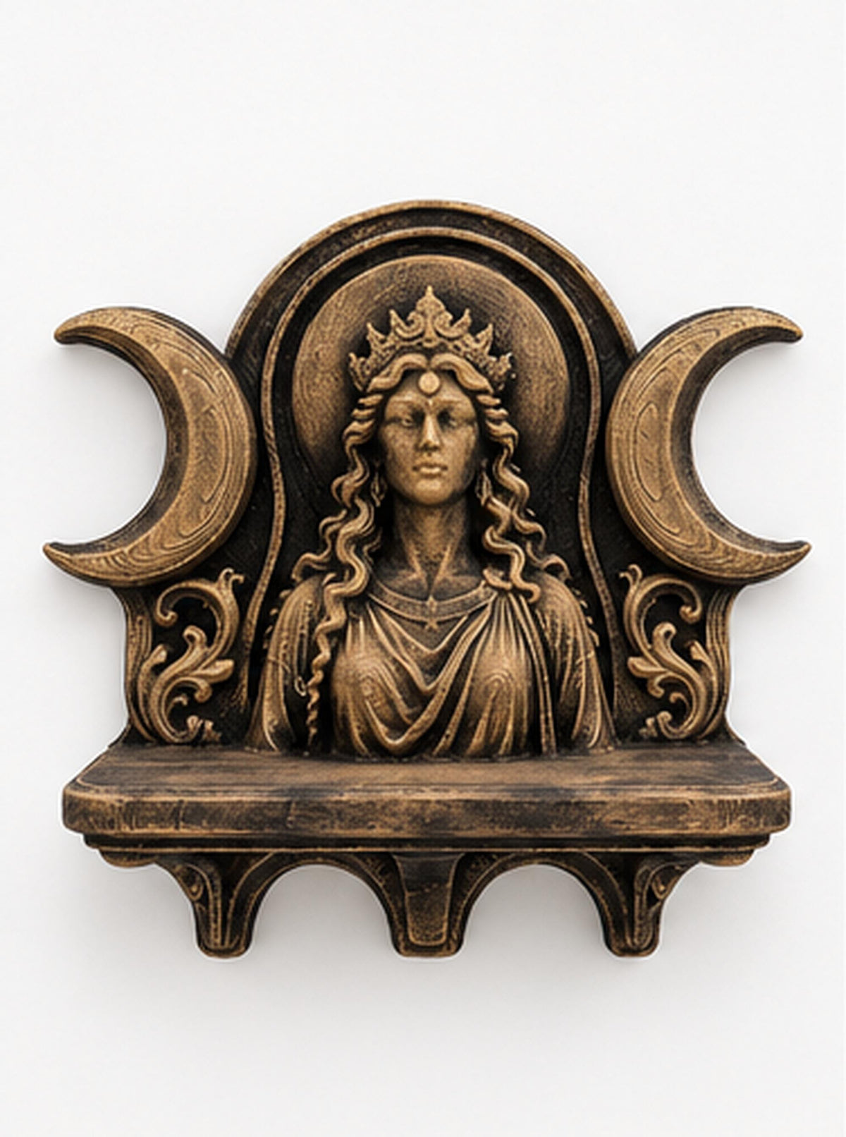 Front view of antique gold Hecate altar shelf with crowned goddess between crescent moons