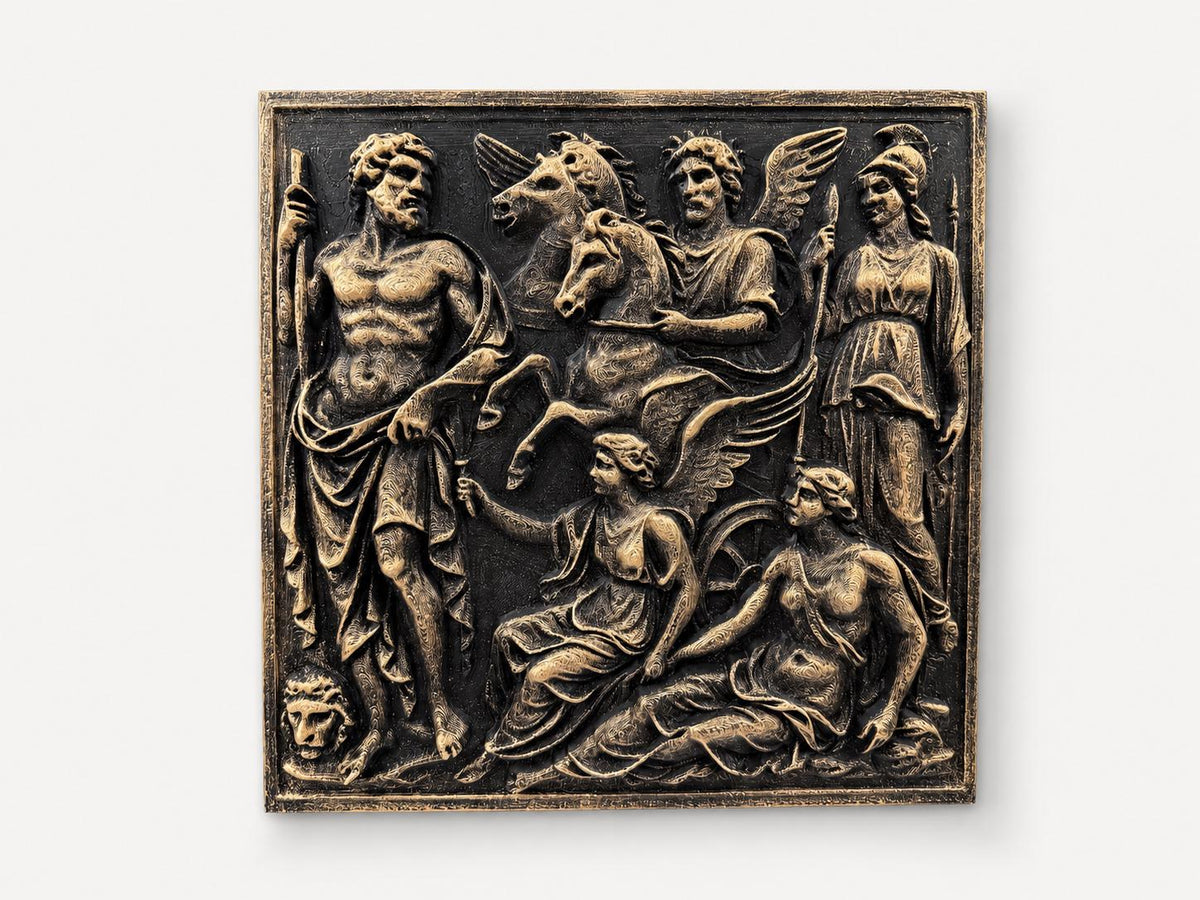 Front view of antique gold Greek gods relief panel with Zeus, Pegasus and Athena