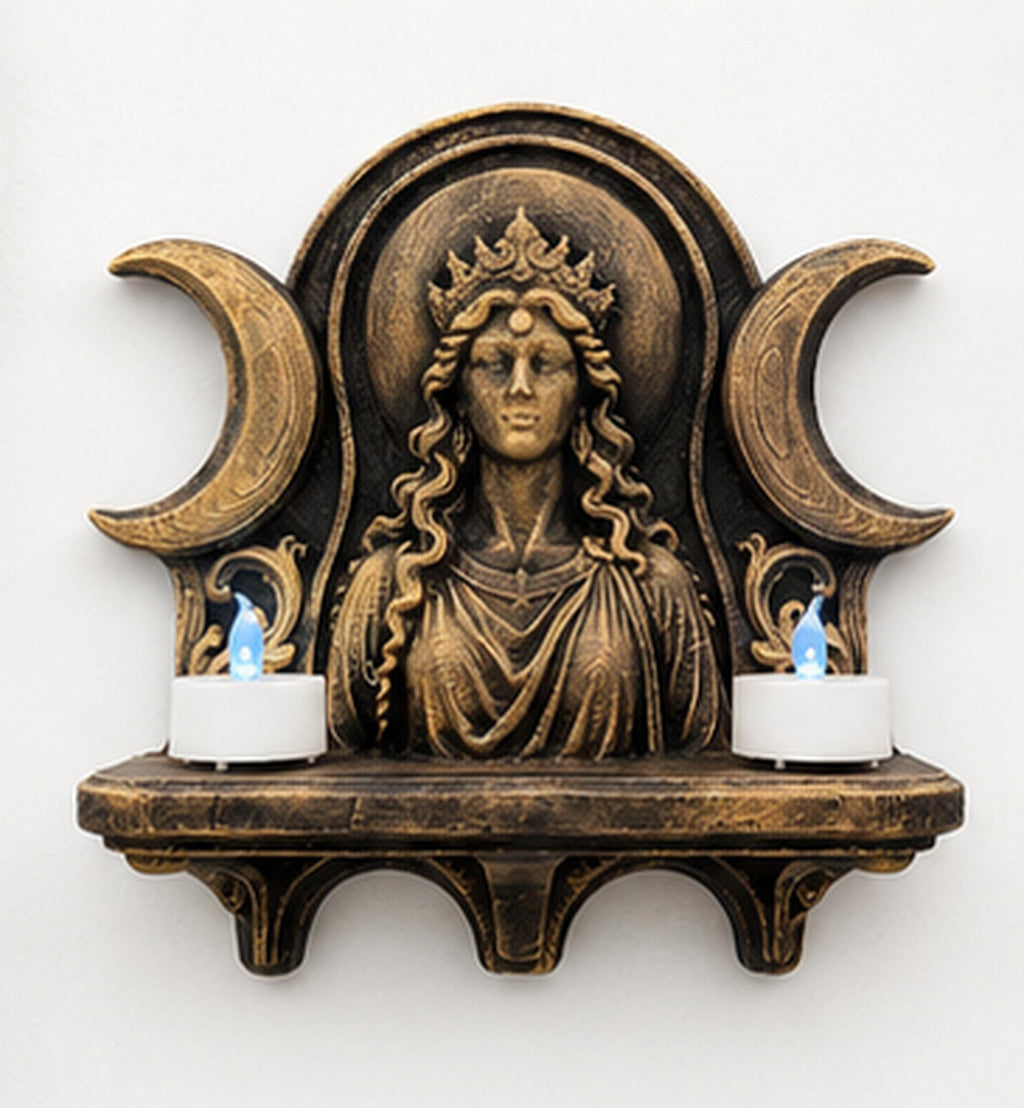 Front view of the Hecate shelf with two lit LED tealights