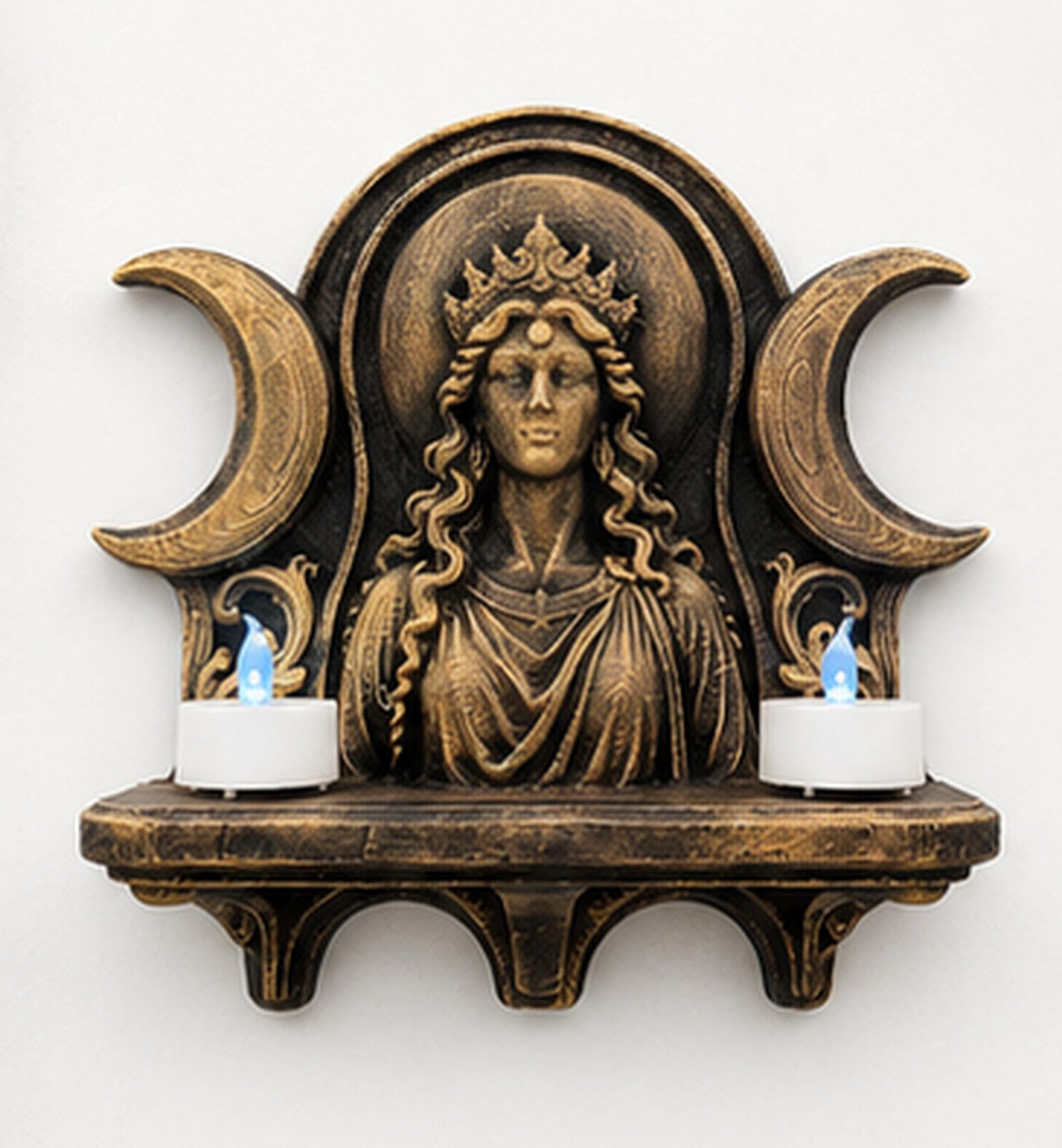 Front view of the Hecate shelf with two lit LED tealights