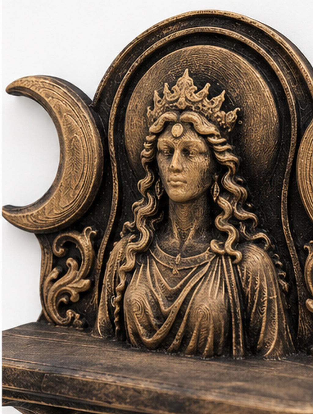 Close-up of the crowned goddess and crescent moon