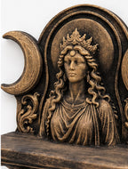 Close-up of the crowned goddess and crescent moon