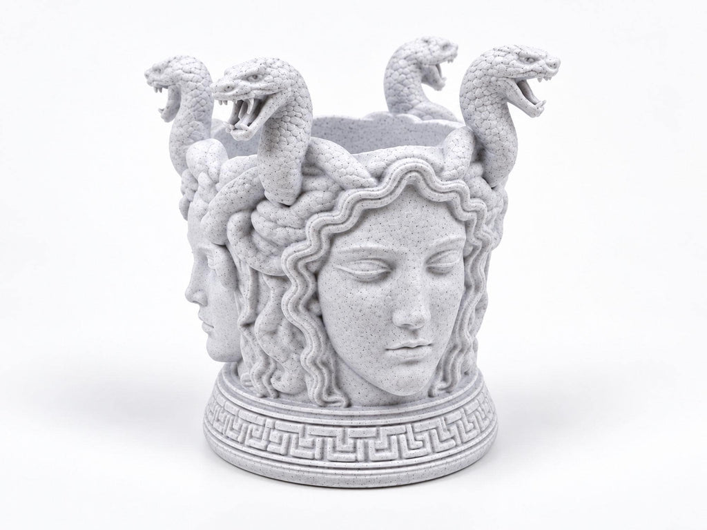 Angled view of the Medusa holder showing her calm face and snake crown