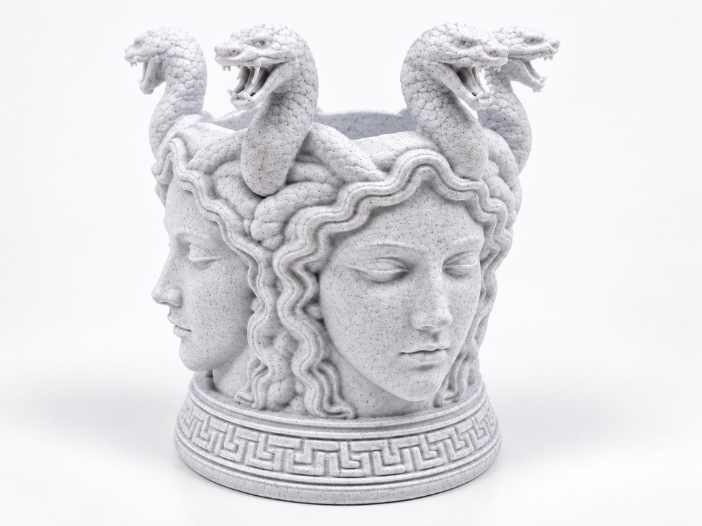 Left angle of the Medusa holder showing a second face and coiled snakes