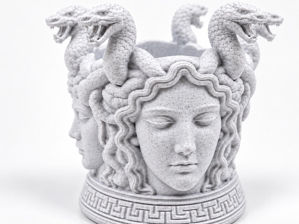 Close front view of the Medusa face and Greek key base