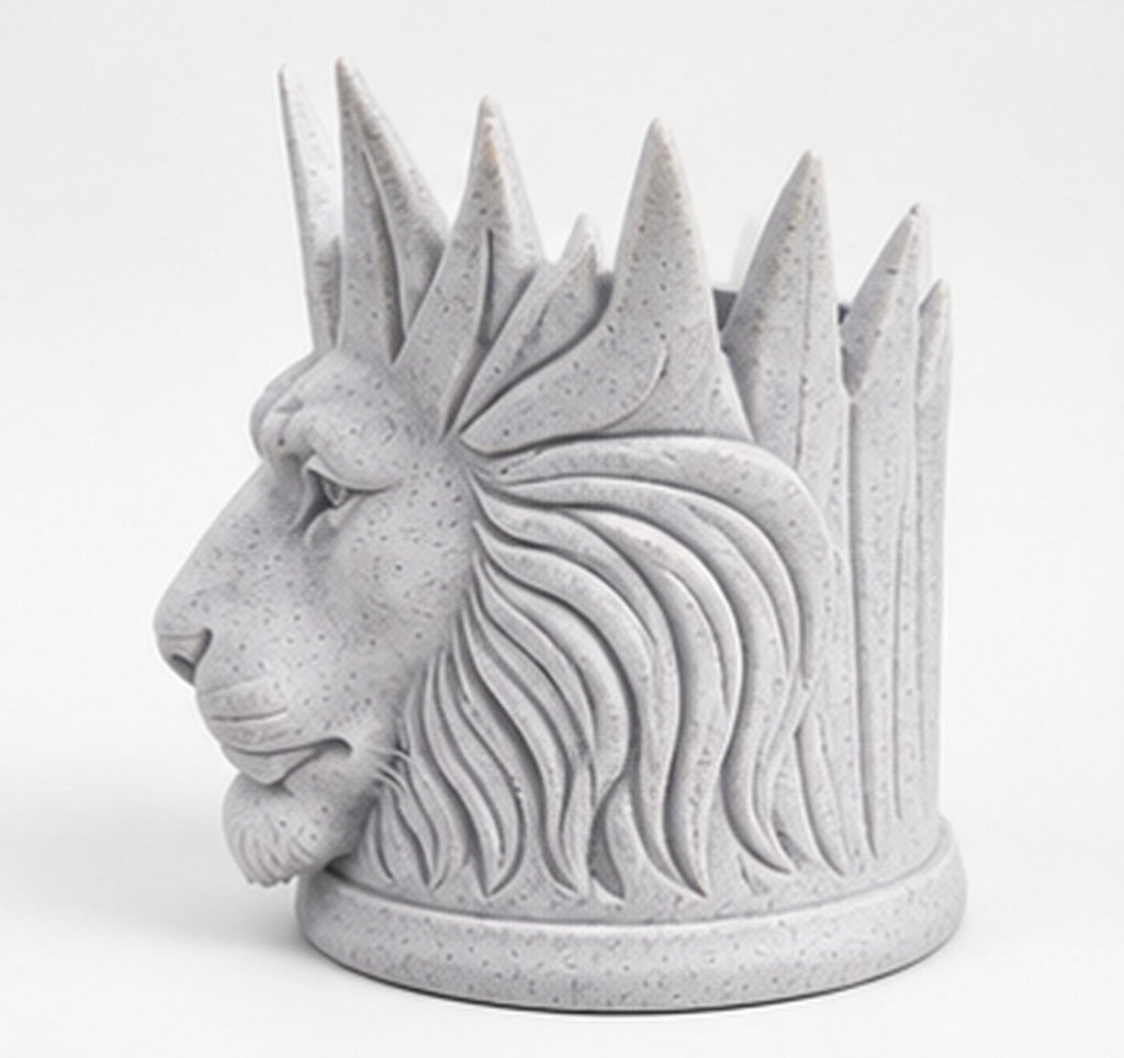 Left side view of the lion toothbrush holder showing mane relief