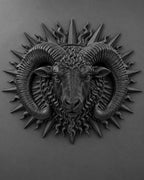 Front view of the black finish ram sunburst sculpture