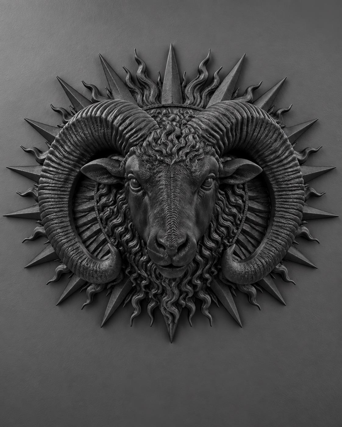 Front view of the black finish ram sunburst sculpture