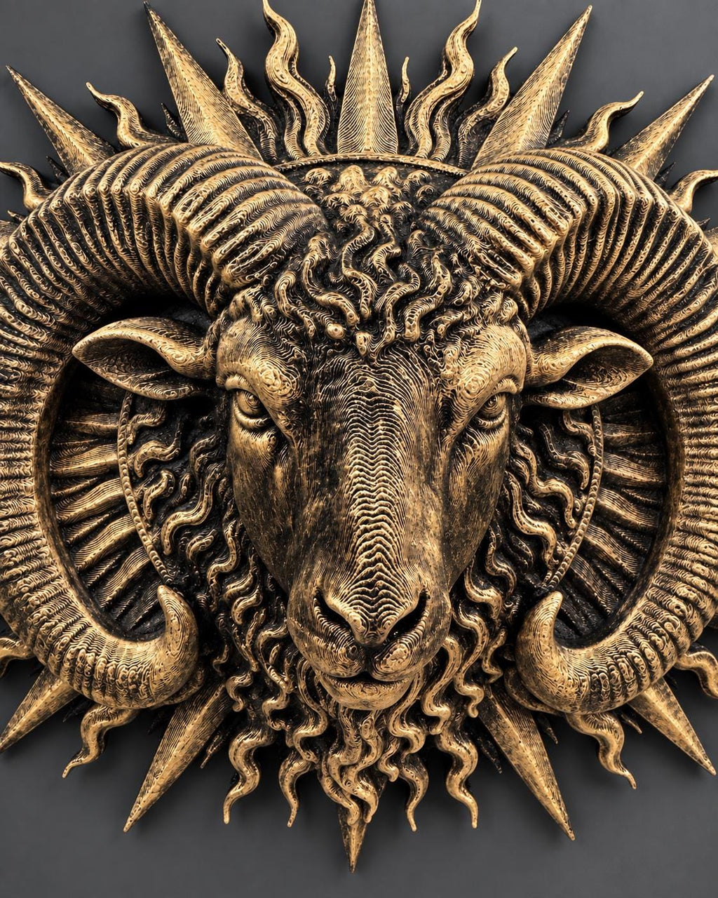 Close-up of the ram's face and curled horns