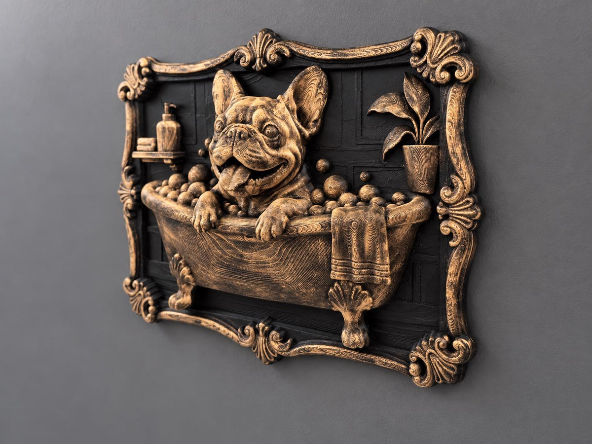 Right angle of the Frenchie bathtub plaque showing relief depth