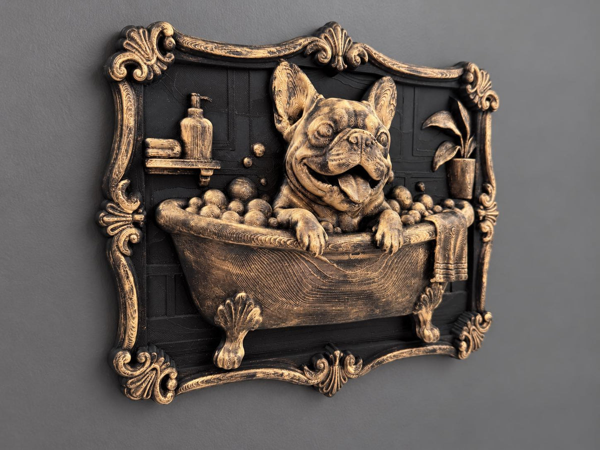 Left angle of the gold bathtub plaque showing bubbles and towel