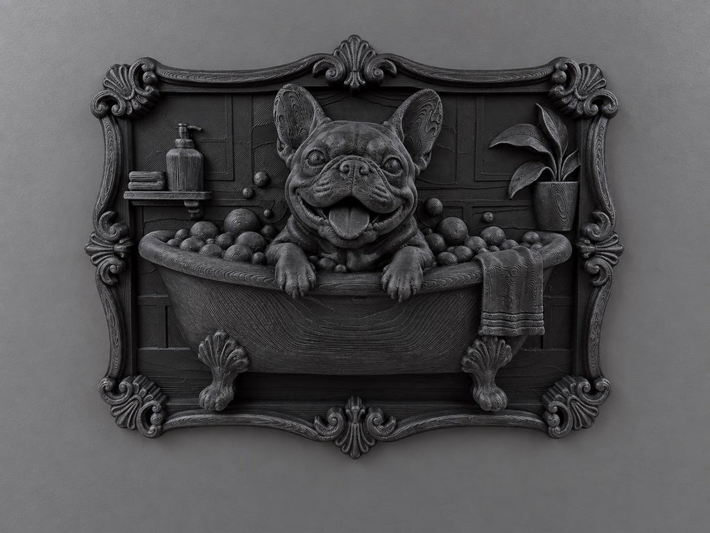 Front view of the black finish French Bulldog bathtub plaque