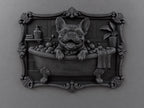 Front view of the black finish French Bulldog bathtub plaque