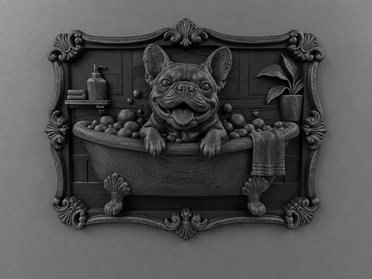 Front view of the black finish French Bulldog bathtub plaque