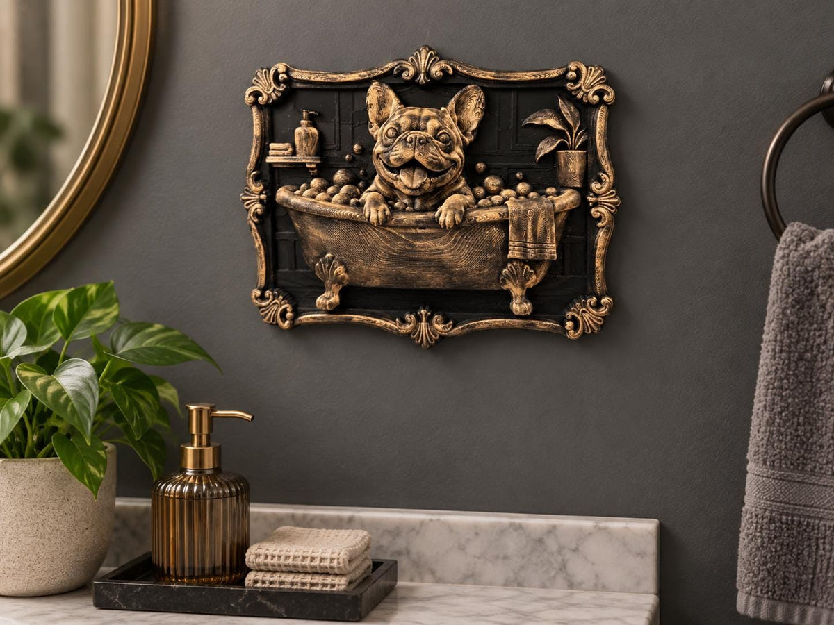 French Bulldog bathtub plaque on a bathroom wall above a vanity
