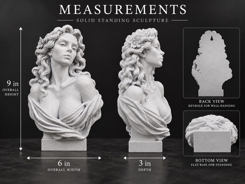Measurement graphic of the Aphrodite bust: 9 in. tall, 6 in. wide, 3 in. deep