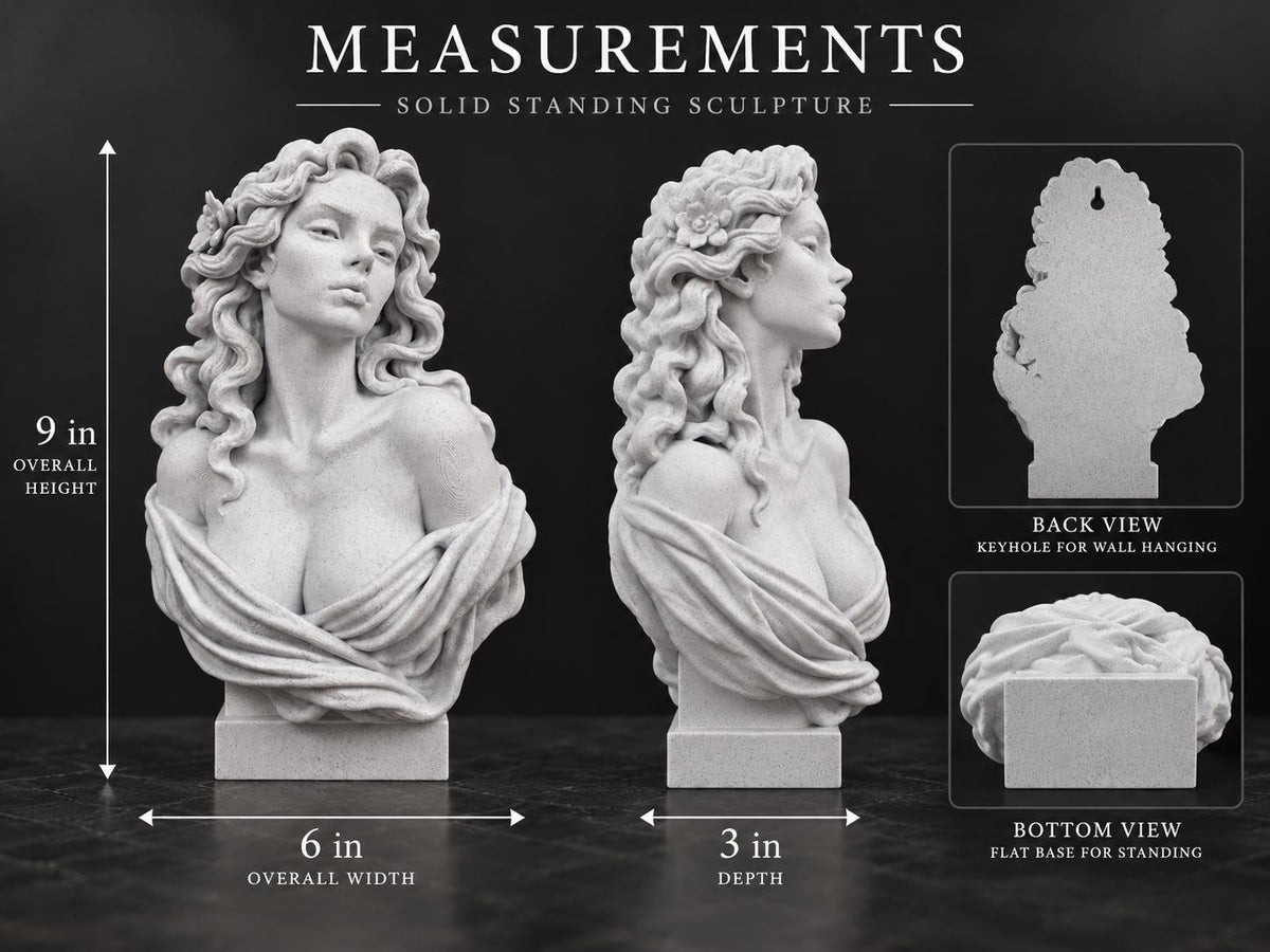 Measurement graphic of the Aphrodite bust: 9 in. tall, 6 in. wide, 3 in. deep