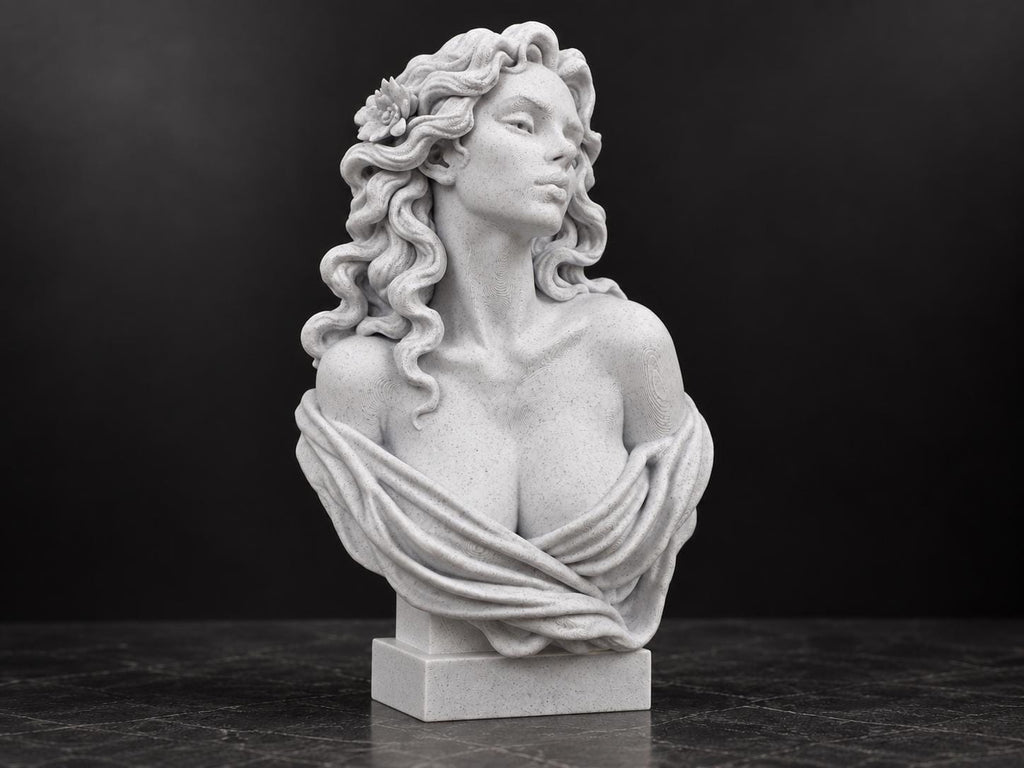 Left angle of the speckled white goddess bust