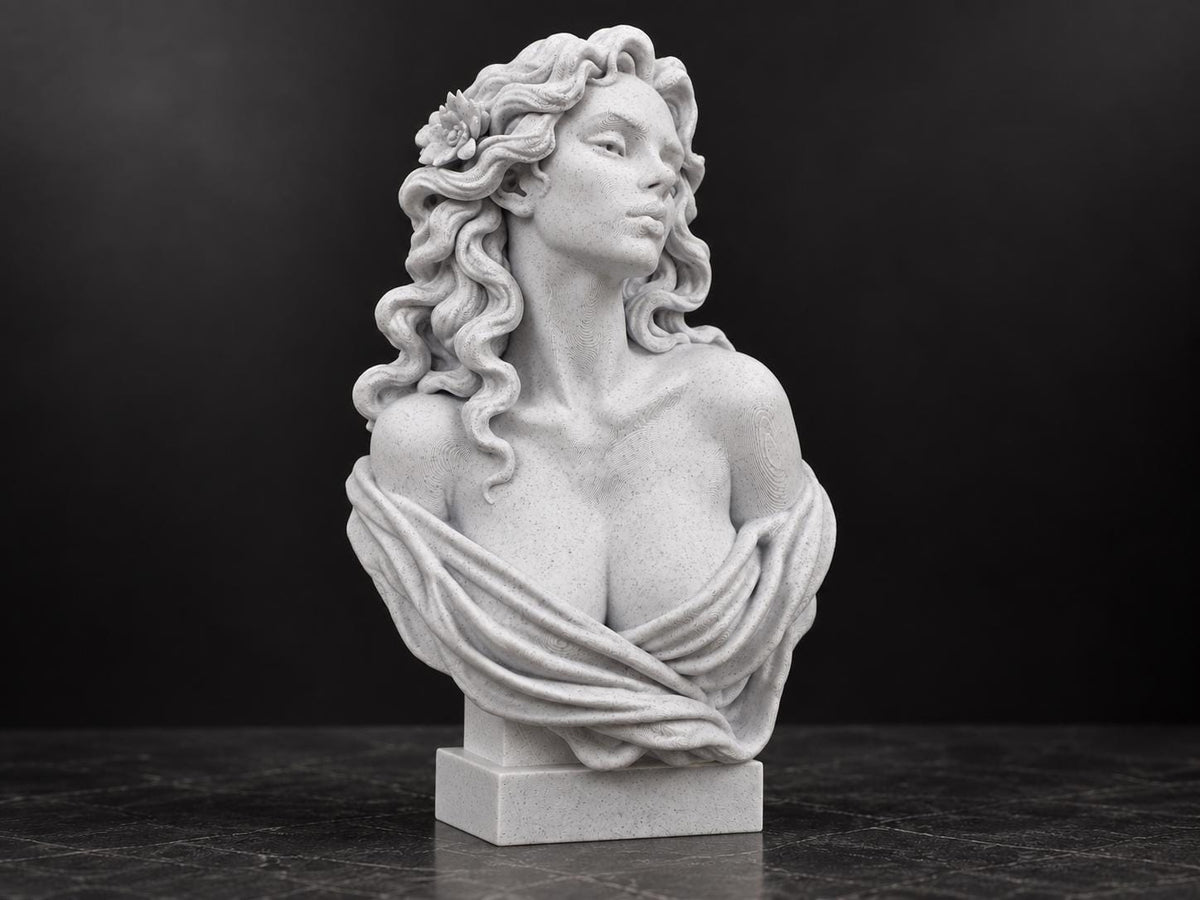 Left angle of the speckled white goddess bust