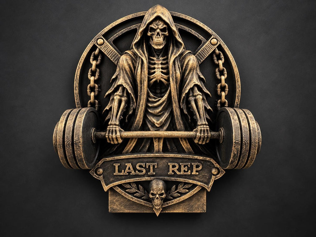 Front view of antique gold grim reaper gripping a barbell above a LAST REP banner